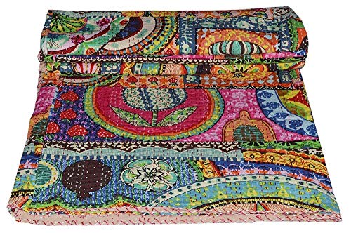 Mudit Crafts Indian Traditional Kantha Quilt Throw Blanket Flower & Floral Print Bed Spread Sheet Handmade Pure Cotton Hippie Boho Patchwork Quilt Bedding Size 90 X 60 Inch (Multi Floral) #TOP2
