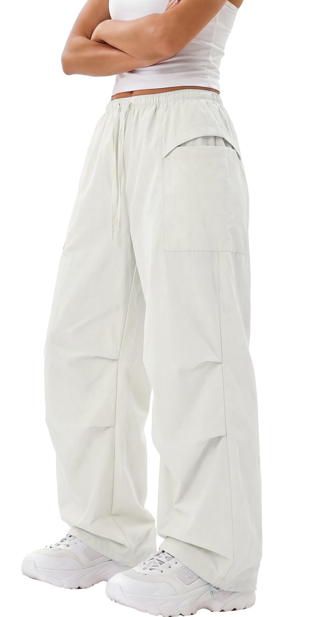 FEOYA Pantalon de parachute baggy pour femme, taille haute, pantalon cargo Y2k avec jambes larges, imperméable, pantalon de randonnée, séchage rapide, pantalon de trekking