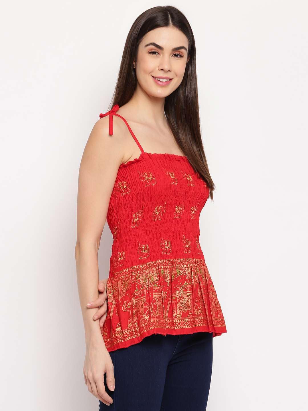 Bigdave Women's Rayon Elephant Print Casual Summer Style Tie Shoulder Straps Free Size Tank Top (Red Gold Pattern)