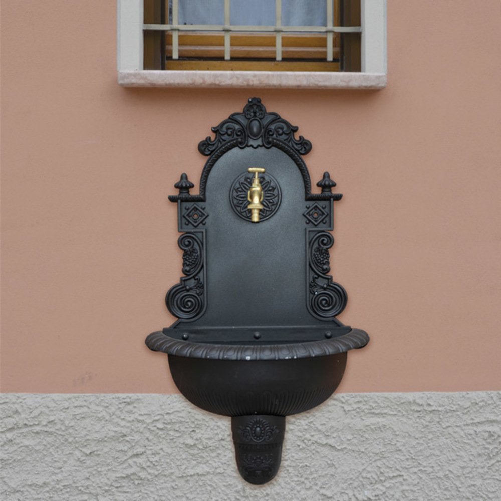 VERDELOOK Fontana a Muro da Giardino in ghisa con Rubinetto, 44x21x75 cm, Nero Antracite per arredo e Decorazione Esterni