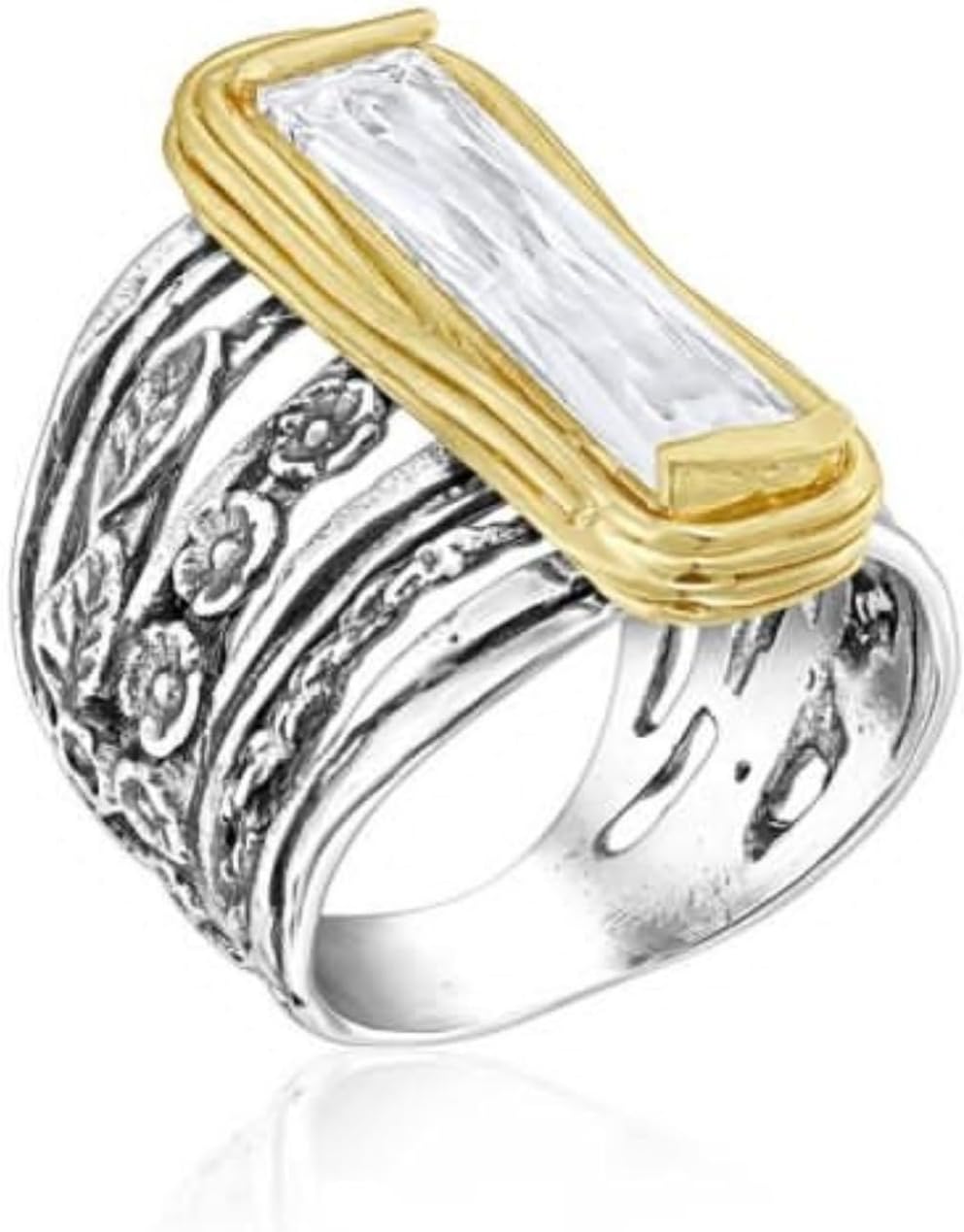 JEAN RACHEL JEWELRY Sterling Silver Baguette CZ Floral Ring for Women - 925 Sterling Silver Ring - Vintage Inspired Statement Ring - Hypoallergenic, Lead & Nickel Free - Boho Artisan Design
