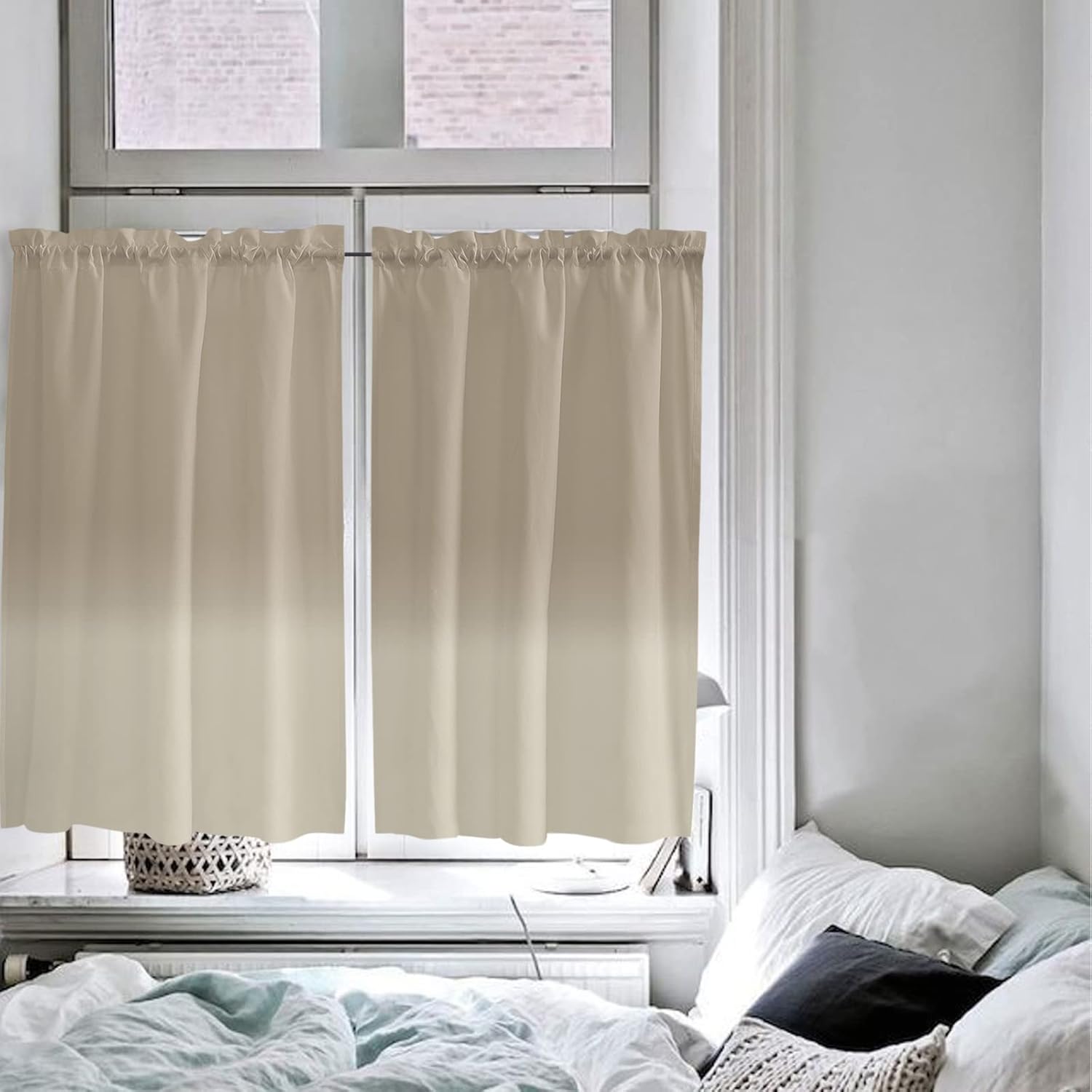 Tier Curtains 45 Inch Length Ombre Khaki Gradient Curtain Panels Semi Sheer Rod Pocket Curtains Window Treatment for Kitchen Living Room Bathroom, 52"x45", 2 Panels