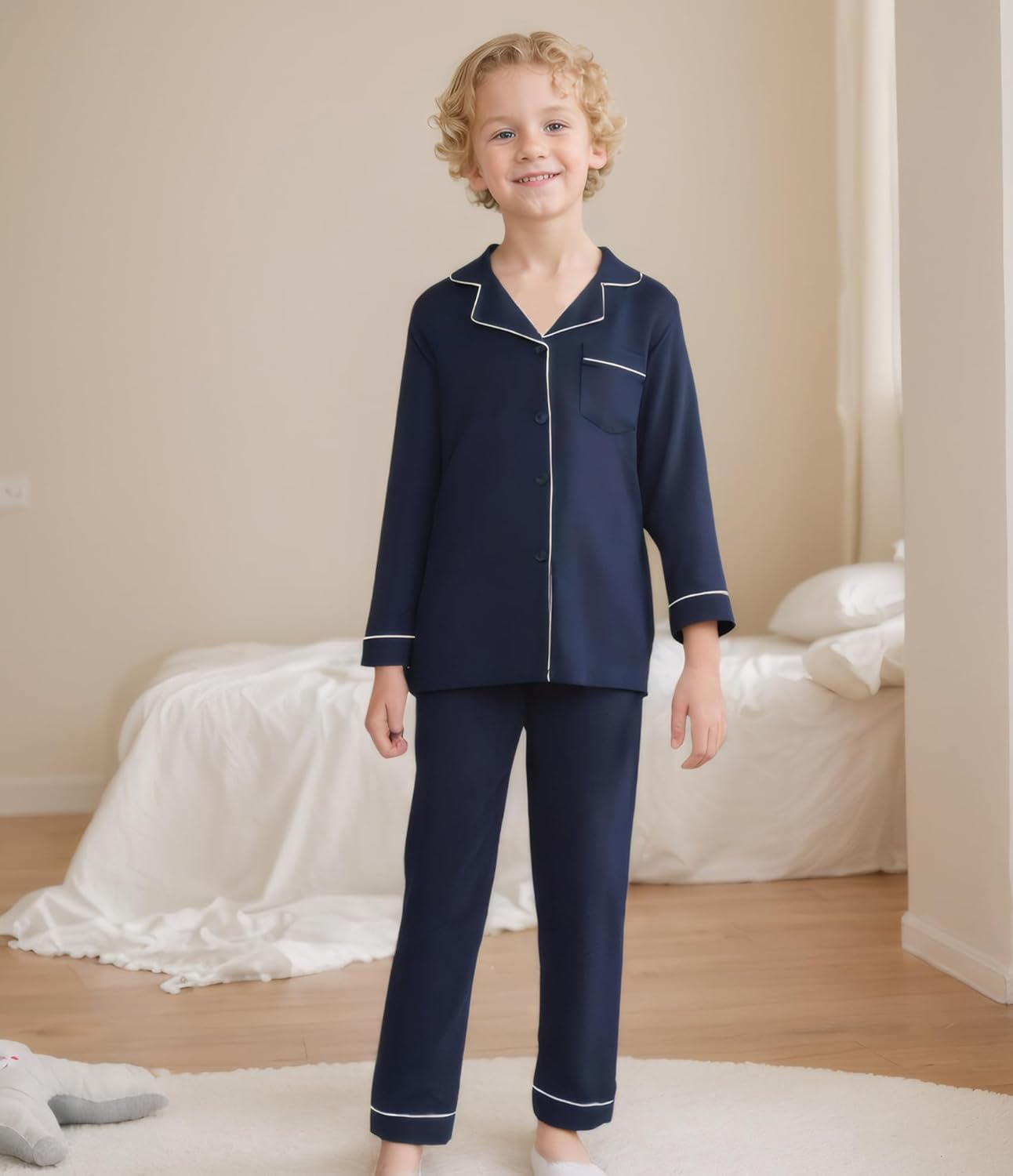 Aablexema Unisex Kids Pajamas Set Button-Down Long Sleeve Cotton Sleepwear Lounge Set for 5-13 Years - Image 2