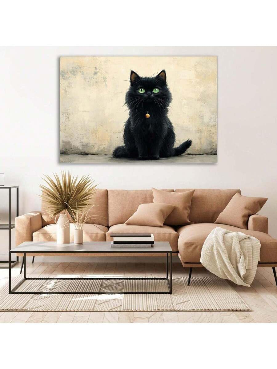 lianyibo Obraz kota na płótnie Grace Cat Plakat z zielonymi oczami Czarny kot Sztuka ścienna do salonu sypialni Dekoracja biurowa (60x90 cm/rama wewnętrzna)