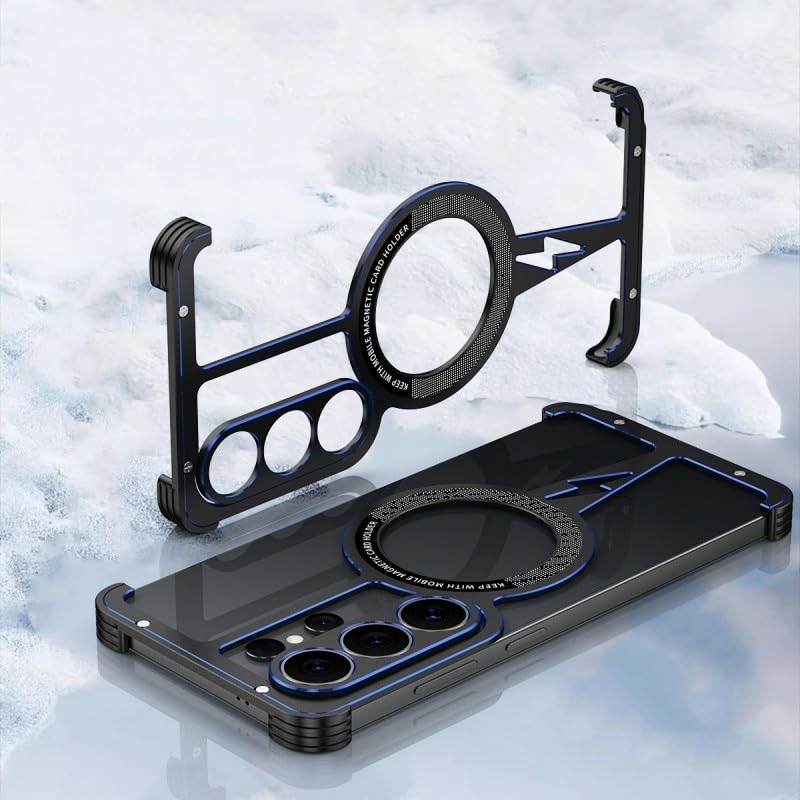 Coque sans cadre Galaxy S26 Ultra magnetique dos aluminium bicolore noir bleu