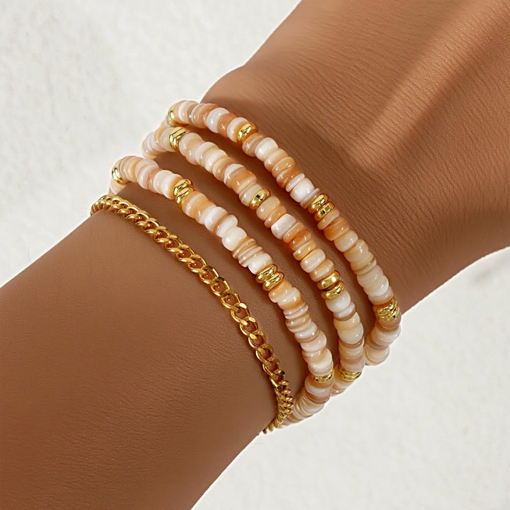 Beaded Bracelets for Women,4Pcs Multilayered Stackable Strand Stretch Bead Gold Chain Bracelet Pack Handmade Trendy Bohemian Charm Jewelry - Image 3