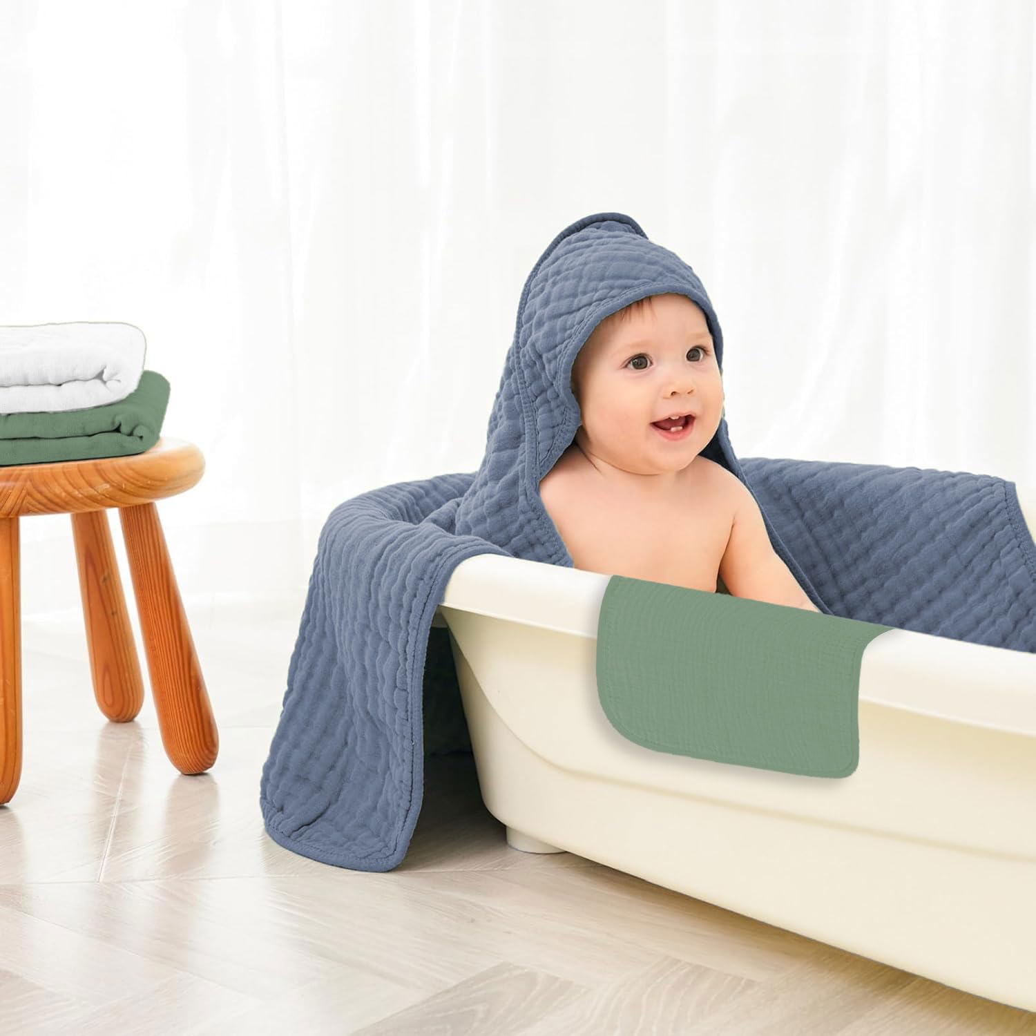 Accappatoio Neonato 0-3 Mesi E 6-12 Mesi Con 6 Asciugamano, Quadrotti Cotone E Mussole Cotone, Ideale Regalo Per Femmina E Maschio, 70x70 CM (Blu & Verde & Bianco)
