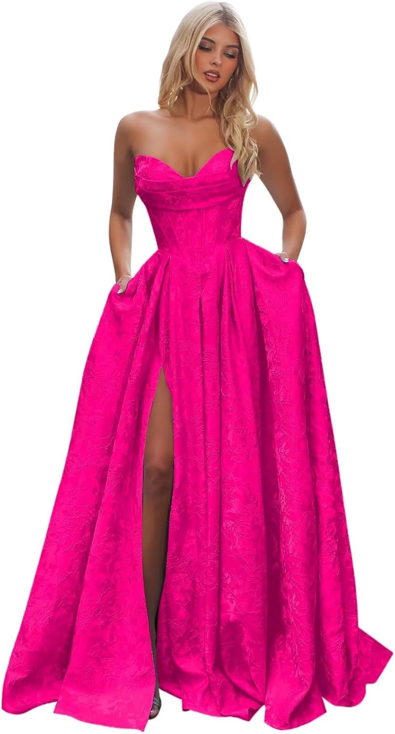 Satin Prom Dresses A Line Corset A Line Strapless Ball Gown with Slit