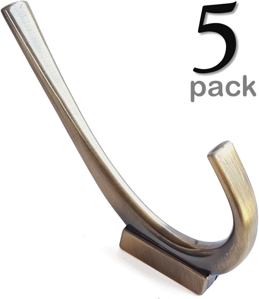 Ambipolar Premium Design"Commander" Heavy Duty Big Double Hooks Hidden Screws. Entryway Coat Hooks, Scarf and Jacket Hangers.Perfect Bath Towel Heavy Hooks (5 Pack, Antique Brass)