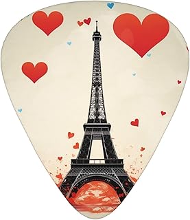 Eiffel Tower Heart Airplane pattern Guitar Picks 12 Pack Bass Picks with Organizer Box Guitar Plectrum Includes Thin Medium Heavy Guitar Picks Ukulele Picks for Bass Acoustic Electric Guitars