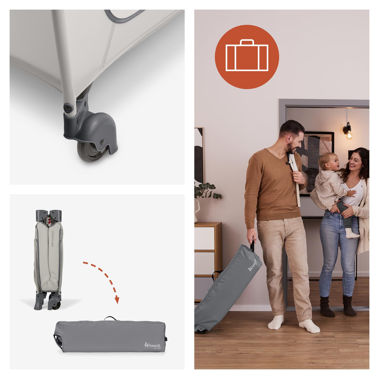hauck Sleep N Easyfold, Dark Grey - Lettino da Viaggio Facilissimo da Richiudere dalla Nascita fino a 15 kg con Ruote, Borsa di Trasport e Grande Ingresso Zip per Giocare, 125 x 69 x 82 cm, 7,6 kg