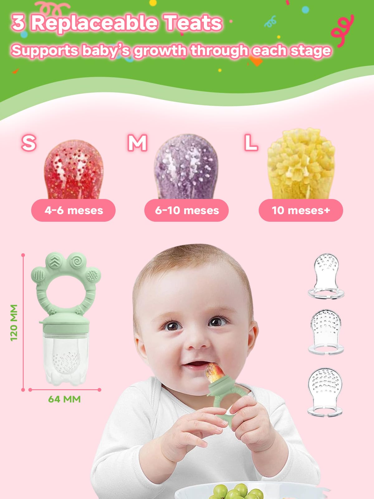 Smoczek do karmienia 3 rozmiary (S/M/L) + pojemnik do mrożenia zupek 6 komór – zestaw do owoców i warzyw dla niemowląt, silikon bez BPA, prezent dla noworodka (Zielony)