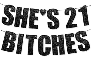 21st Birthday Party Decorations Kit | SHE'S 21 BITCHES Black Glitter Letters Banner