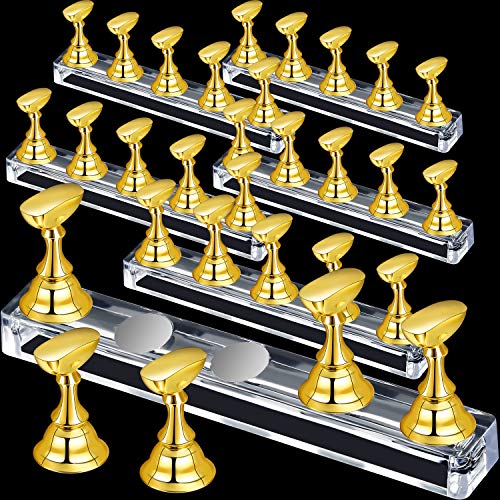 6 Sets Nail Tips Stand Holder Acrylic Nail Tips Practice Display Stand Magnetic Nail Art Holder Manicure Finger Training Stands for DIY Nail Salon (Gold)