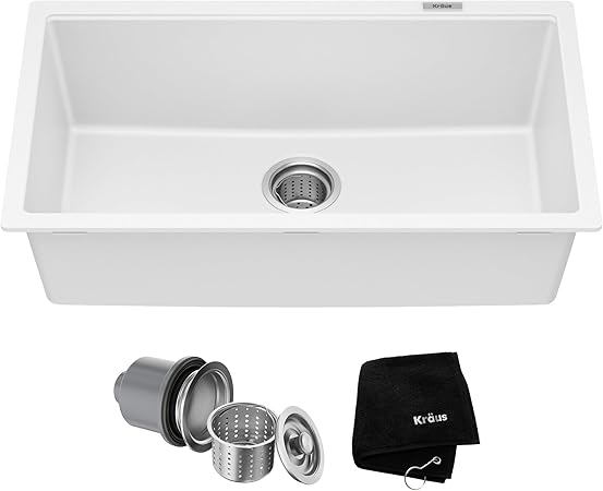 KRAUS Quarza White Granite Sink KRAUS Quarza 31-inch Granite Undermount Single Bowl White Kitchen Sink