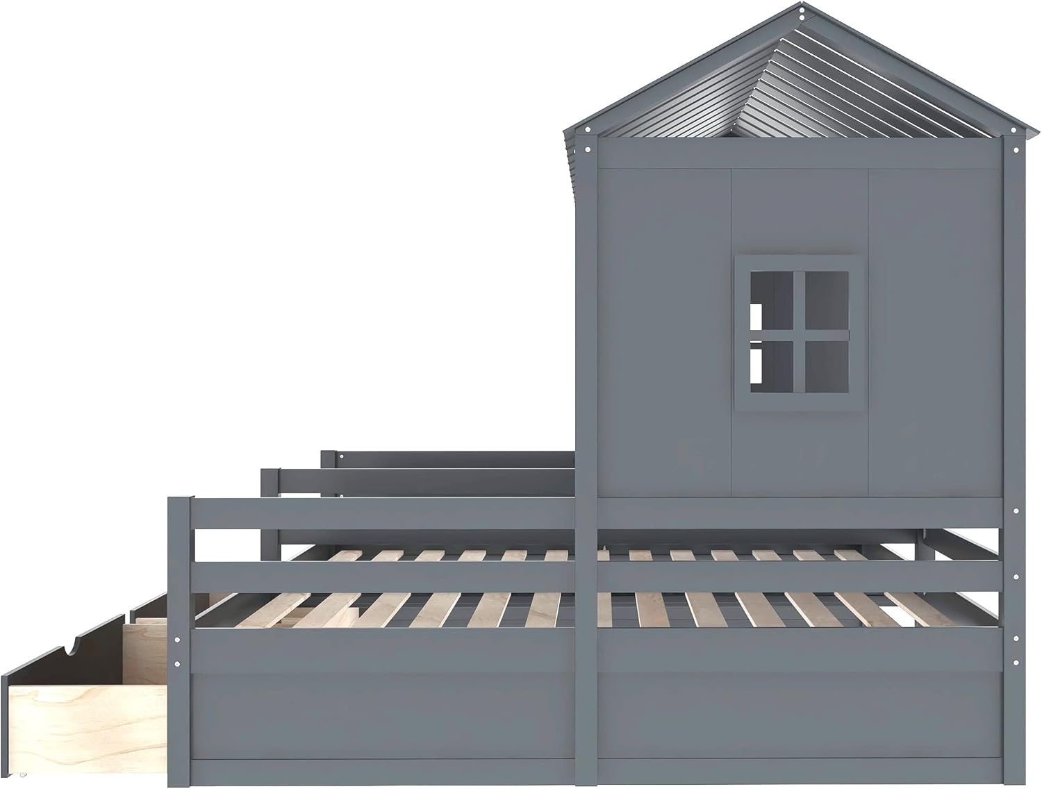 P PURLOVE Twin Double Shared Bed,Twin Size House Platform Beds with Two Drawers for Boy and Girl Shared Beds, Montessori House Bed Frame Combination of 2 Side by Side Twin Size Beds,Gray