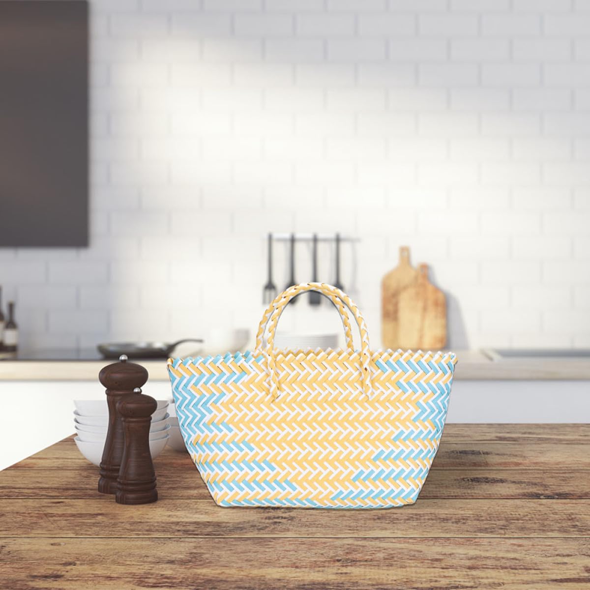 Holibanna 2 Stück-pack Großer Gelber Geflochtener Einkaufskorb aus Pp mit Griff Praktischer Aufbewahrungsbehälter für Obst und Brot für Shopping und Indoor