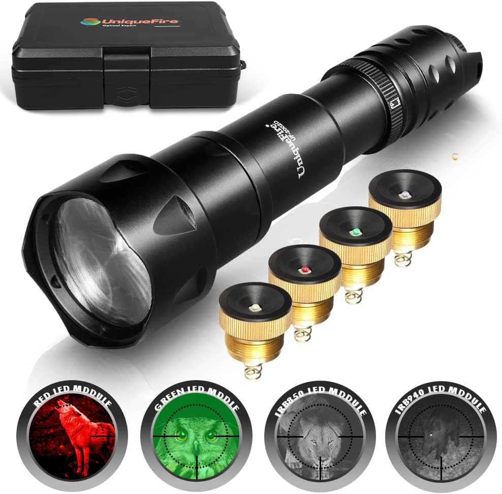 UniqueFire Vcsel 850nm / 940nm IR Illuminator Flashlight for Night Vision Scope,44mm Fresnel Lens Red/Green Hunting Illuminator Flashlight Light,Total 4 Pills/Charging Kit/Brackets