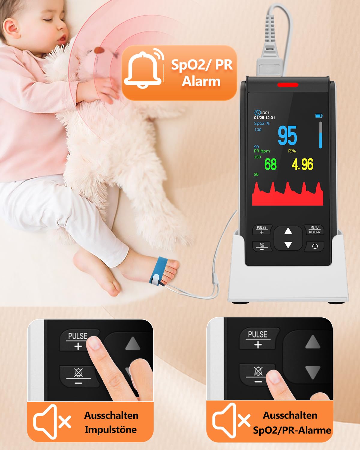 Portable HealthTree Pulsoximeter, wiederaufladbarer Sauerstoffmonitor, Sauerstoffsättigungsmonitor für Kinder, SpO2-Füllstandsüberwachung, Herzfrequenz und Infusionsindex