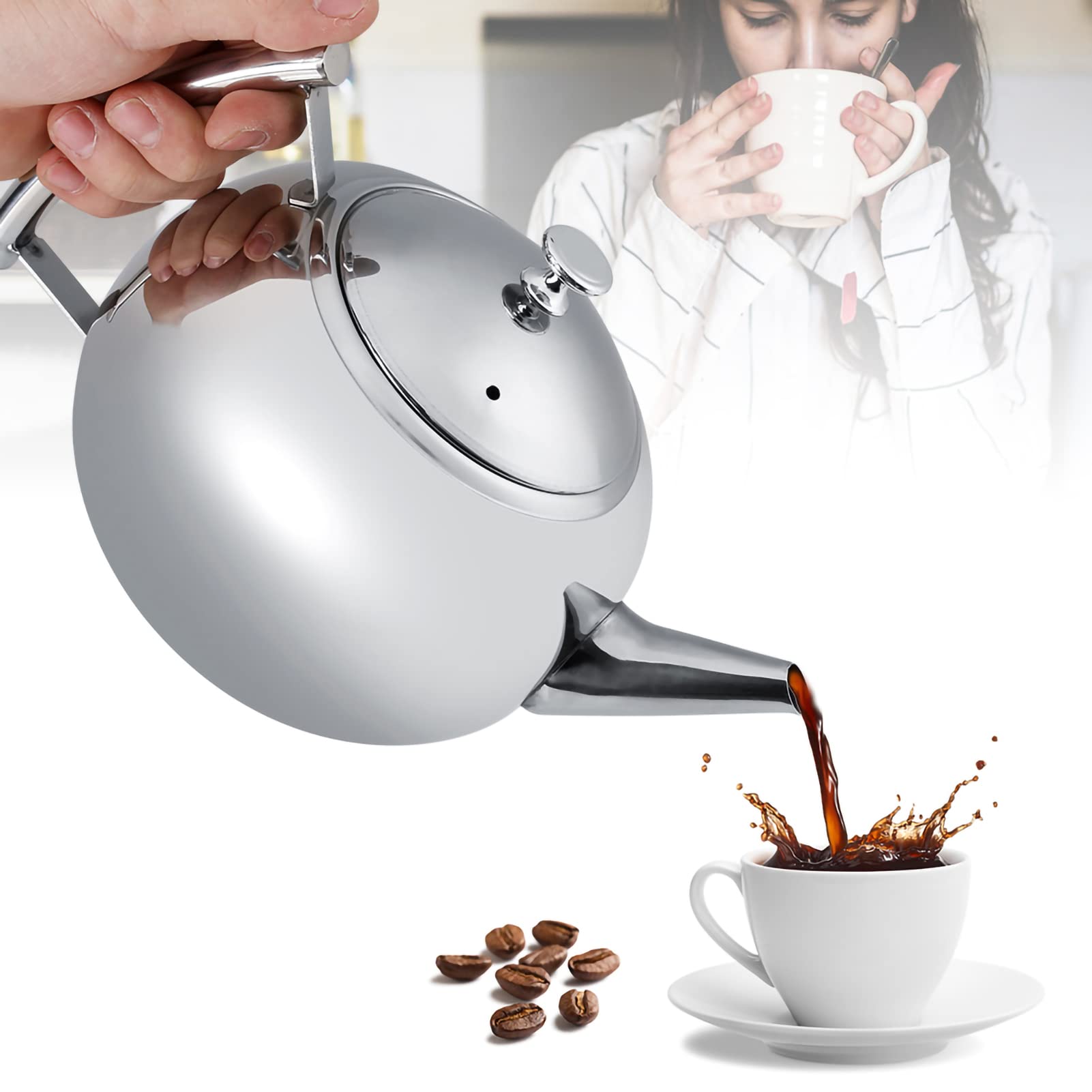 2L Teapot Coffee Tea Kettle, Stainless Steel Teapot Coffee Tea Pot Kettle with Removable Infuser Filter