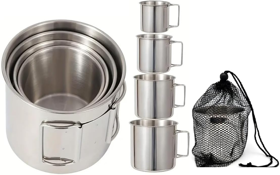 4 Piece Set Stainless Steel Cups for Survival Gear Camping Water Cup with Foldable Handle Tea Beer Coffee Mug Lightweight Portable Camping Cup for Camping Hiking 220ml 330ml 500ml 660ml