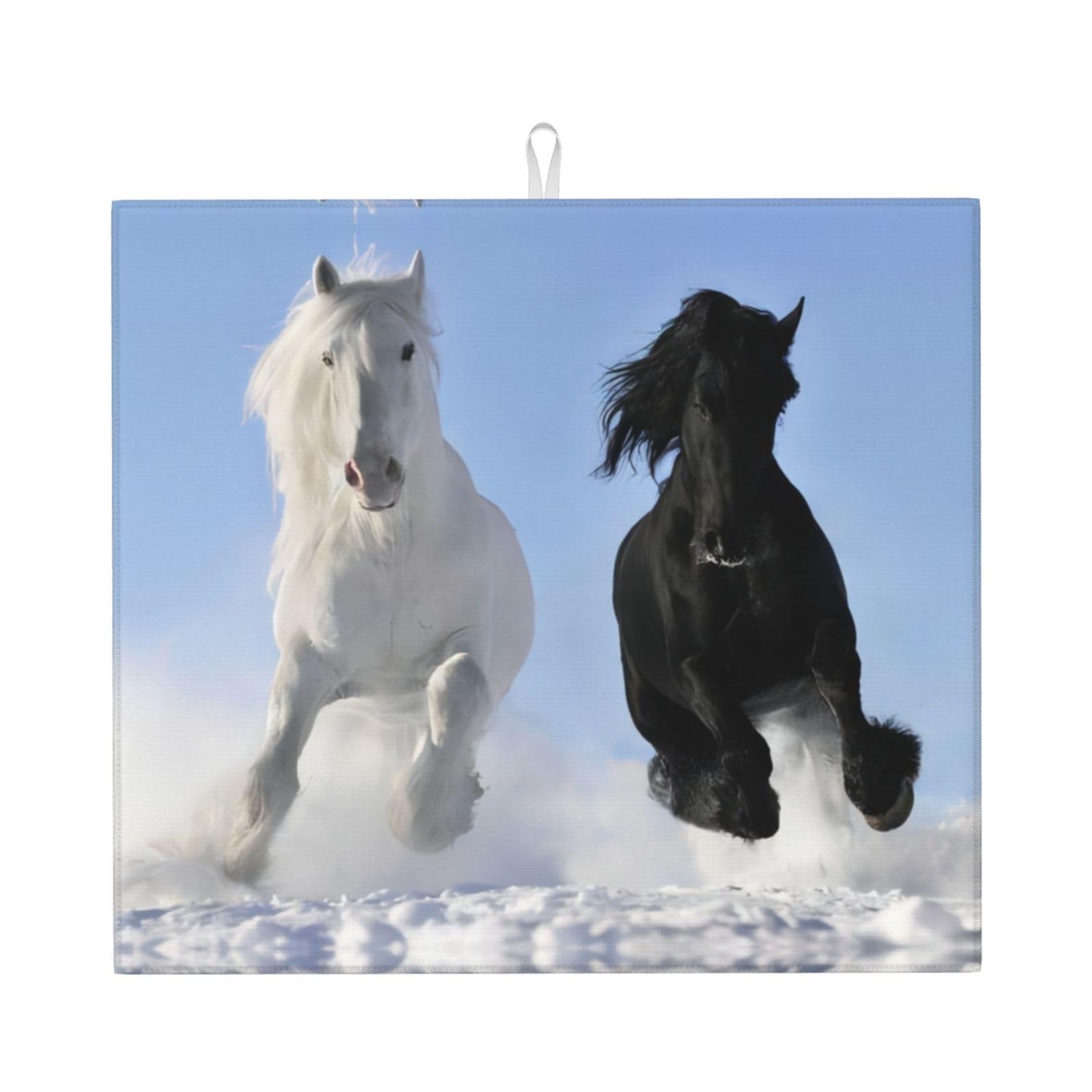 YYHWHJDE Black And White Horses Running Prints Kitchen Drying Mat – Absorbent Microfiber Throw for Dishes, Non-Slip Counter Cover, Quick-Dry Layer with Durable Construction
