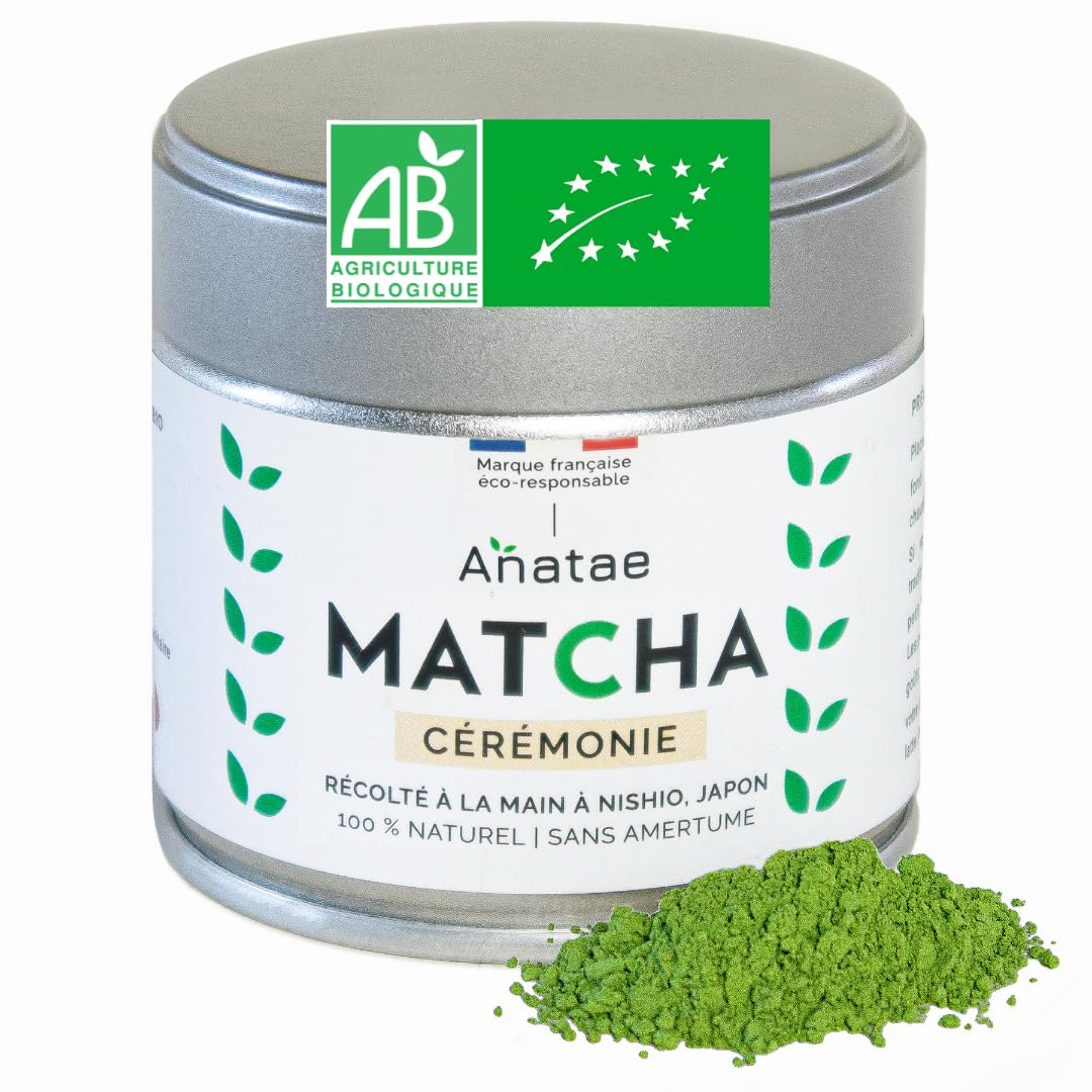 Anatae Marque française - Thé Matcha bio cérémonie japonais - Sans amertume - Poudre de thé vert matcha 100% BIO qualité cérémonielle - Récolté à la main à Nishio, Japon.