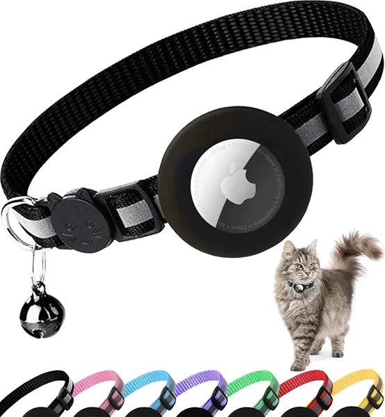 Dgerp Airtag Cat Collar Breakaway, Reflective Kitten Collar with Apple Air Tag Holder and Bell for Girl Boy Cats, 0.4 Inches in Width and Lightweight(Black)