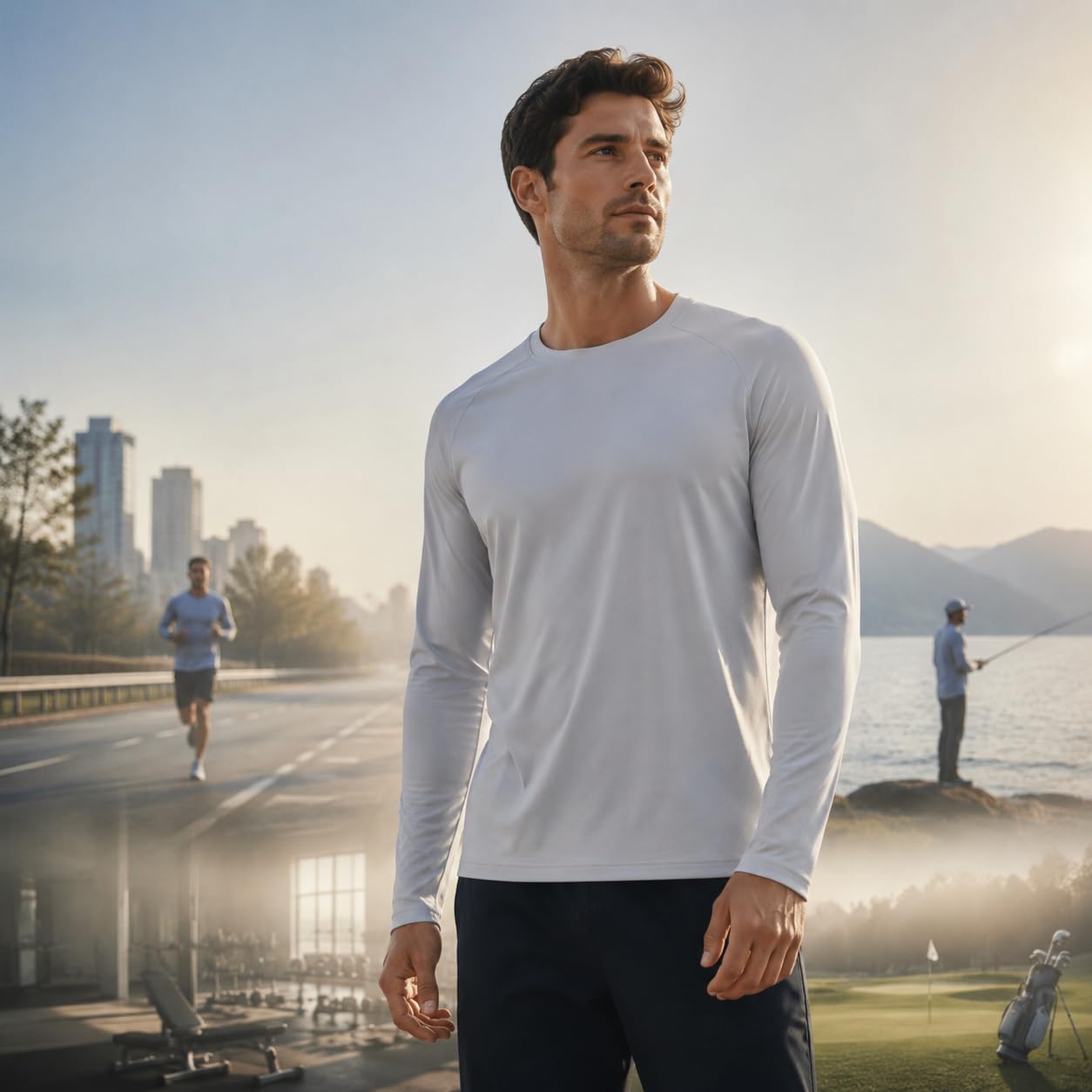 OYGSieg Paquete de 6 camisetas de manga larga para hombre que absorben la humedad UPF SPF protección solar camisetas de entrenamiento camisetas casuales