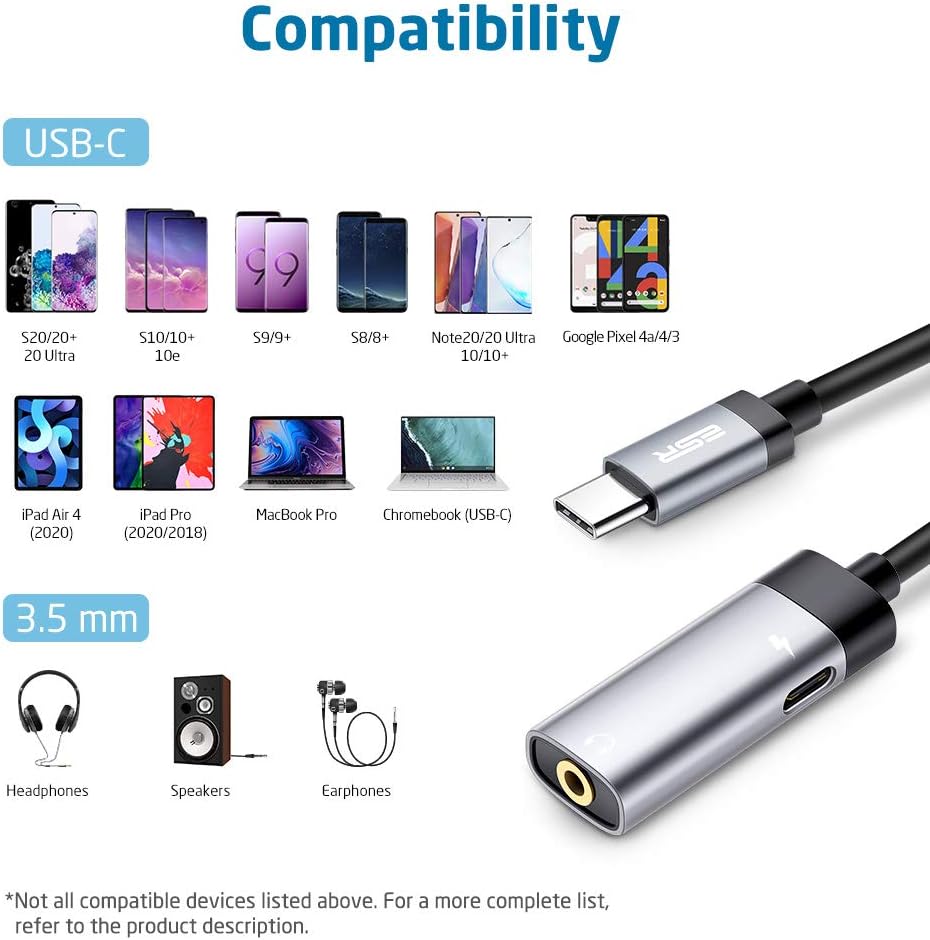 ESR USB-C PD Headphone Jack Adapter, 2-in-1 USB-C to 3.5 mm Audio Adapter with Fast Charging for Aux, Stereo, Earphones, Compatible with Galaxy S22/S21/S20, iPad Air 5/4, iPad Pro 2021/2020, Grey