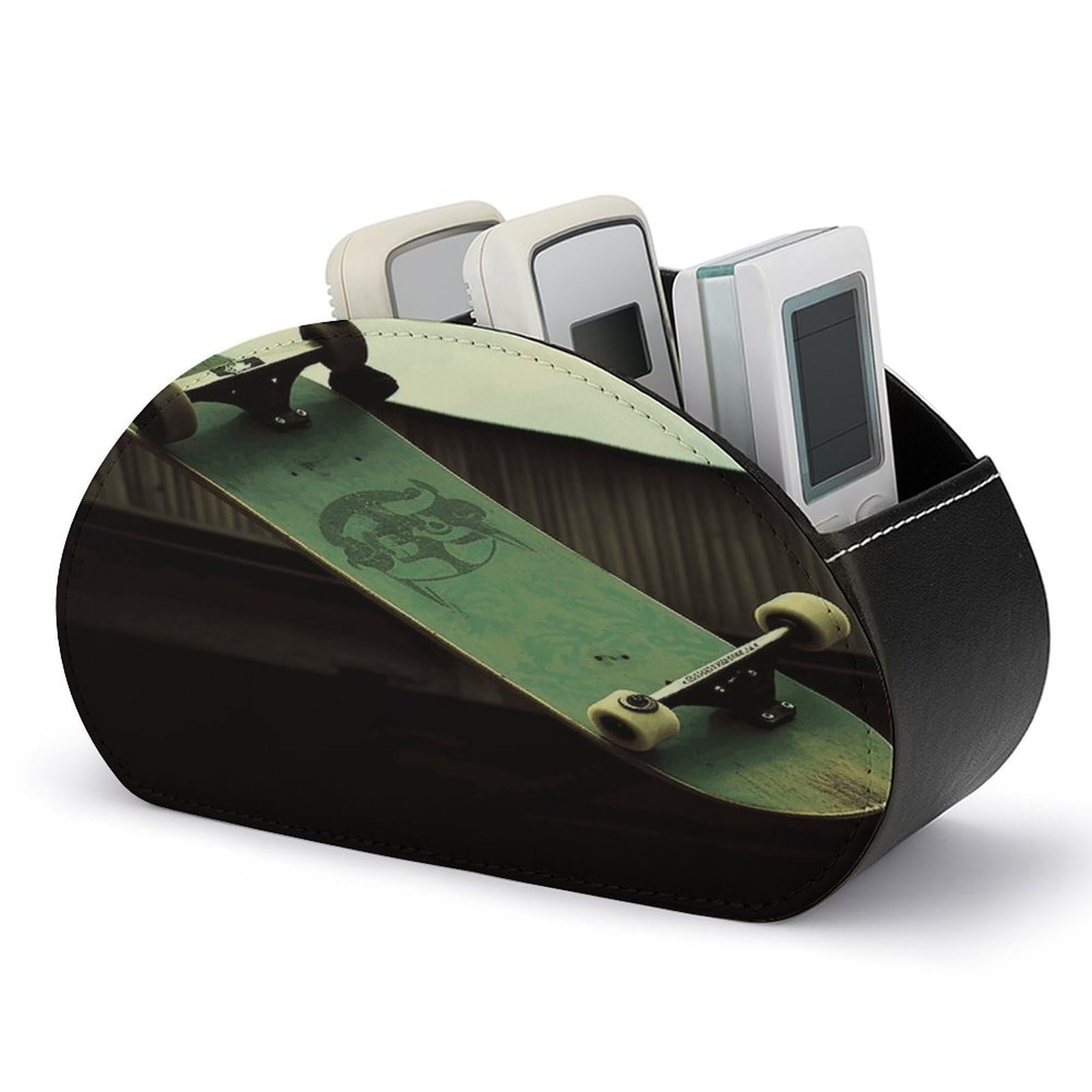 JTREHY Skateboard Remote Control Holder 5 Compartments Remote Caddy Tray PU Leather TV Remoter Storage Box Bedside Table Storage Organizer Office Desk Storage Case