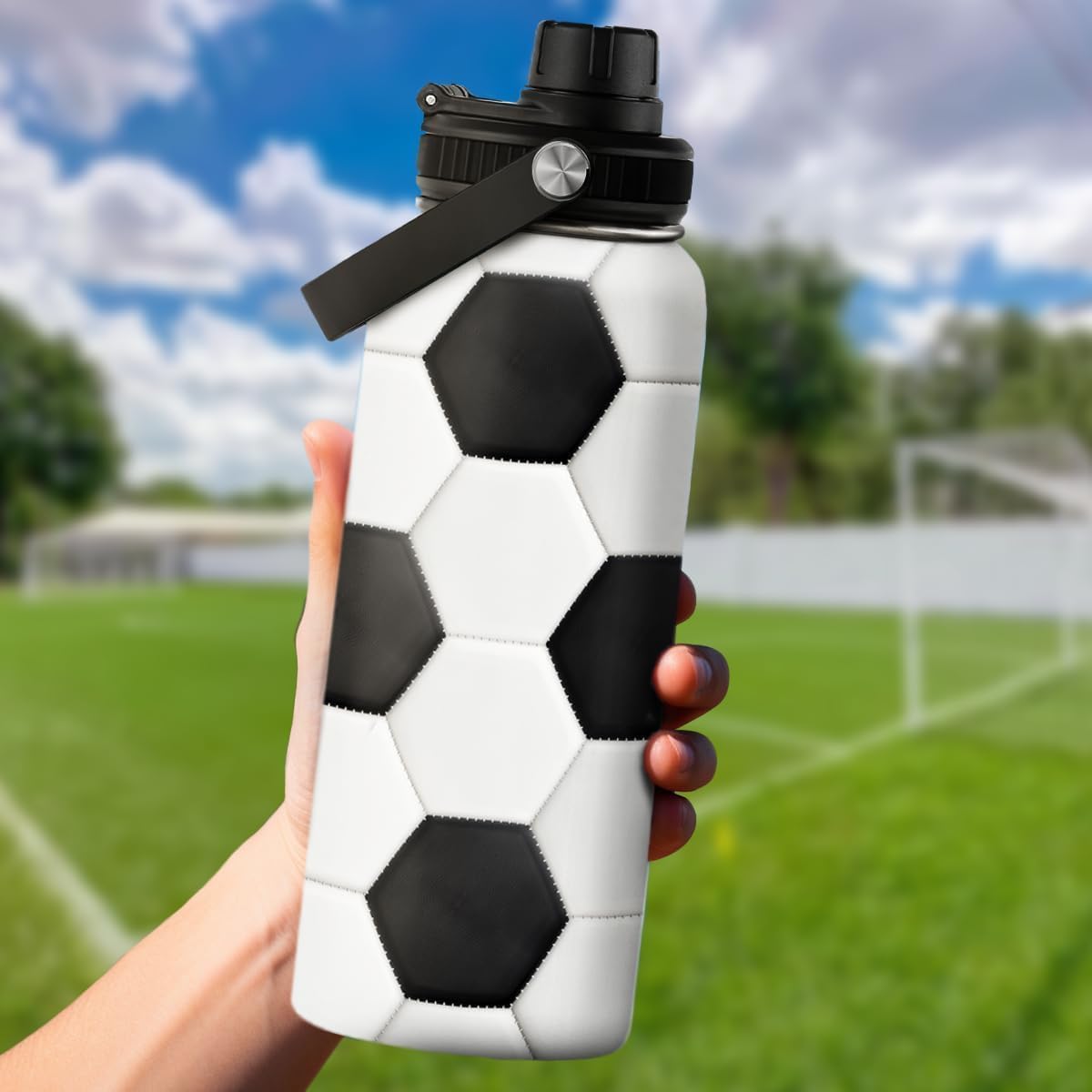 Soccer Water Bottle with Lid - 32oz Insulated Stainless Steel Sport Bottles - Men Soccer Player Fan Coach