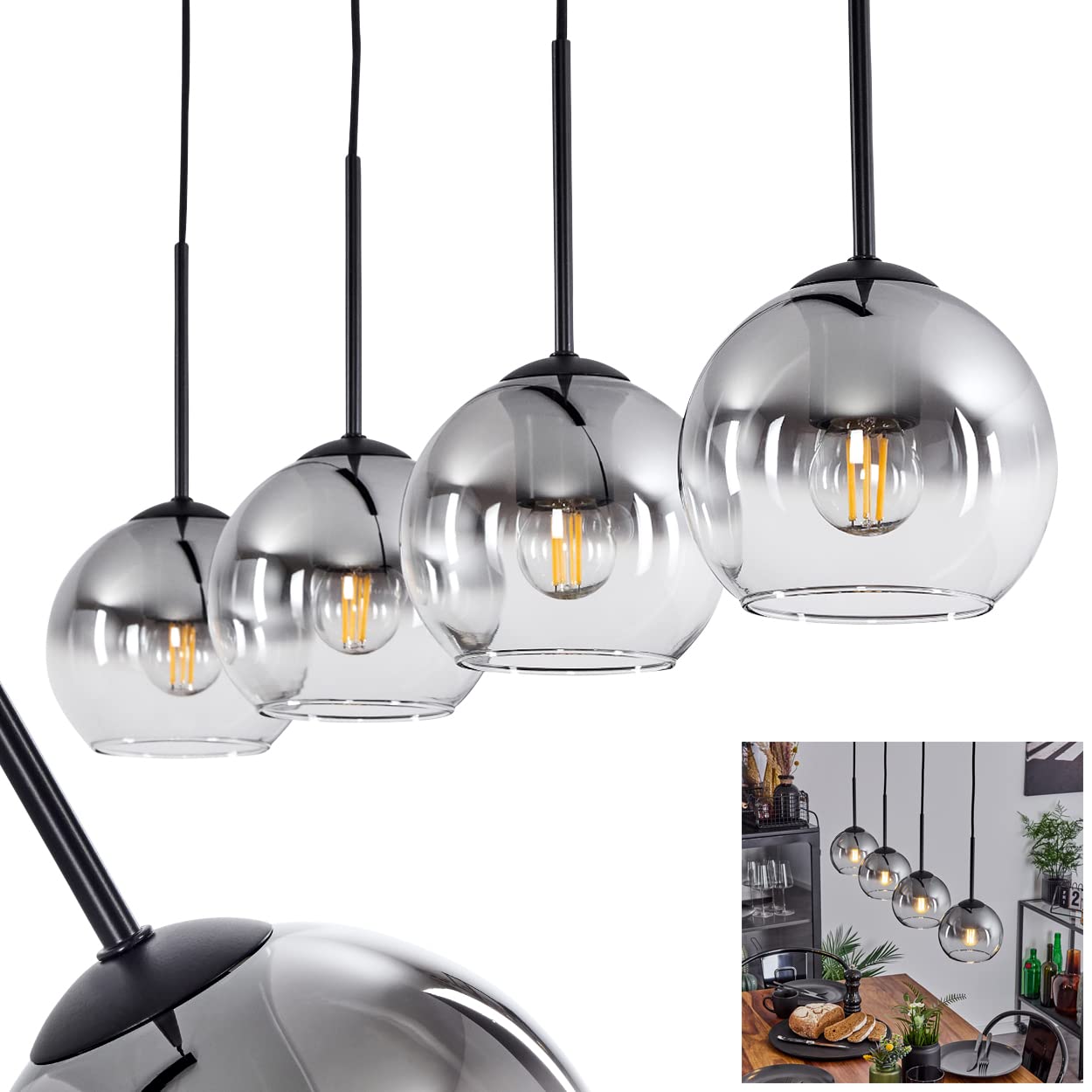 Hofstein Black Koyoto Hanging Light, Hanging Light Made Of Metal/Glass In /Smoke/Clear, 5-Flame Lamp In Vintage/Retro Design With Glass Lampshades (Ø 15 Cm), Max. Height 147.5 Cm, 5 X E27, Bulbs Not Included