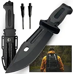 Faca Tática Sobrevivência – Lâmina Afiada, Pederneira, Bússola, Quebra-Vidro + Bainha Tática para Camping, Emergências e Aventura