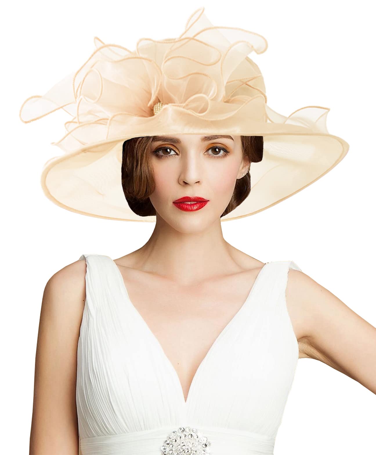 TLMNU Organza Fascinator Hat - Women's Wide Brim Church Bridal Tea Party Wedding Hat, 02lightgold, One Size