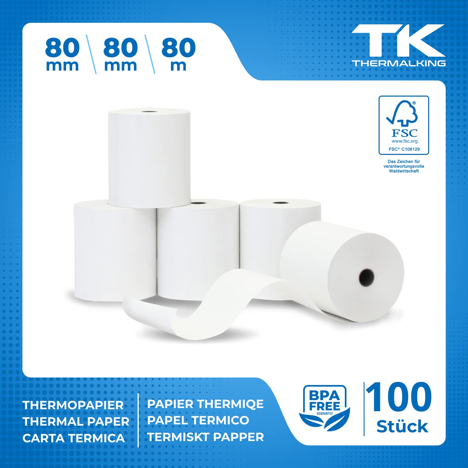 Rouleaux thermiques 80 mm x 80 m x 12 mm – Rouleaux de caisse – Rouleaux de caisse – Pour caisse enregistreuse – Imprimantes de bonbon – Papier thermique – Sans BPA (100 rouleaux)
