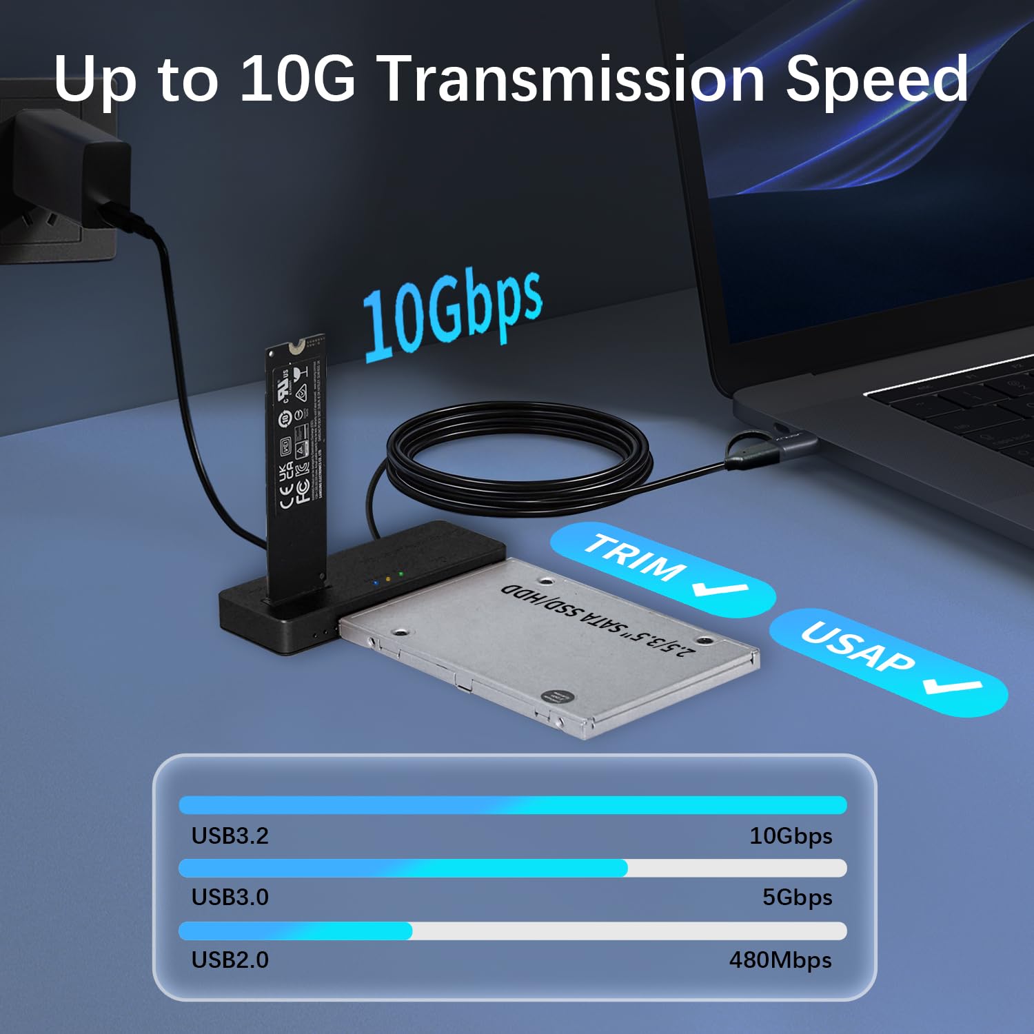 Boîtier M.2 NVMe et Adaptateur Disque, USB 3.2 Type-C /A 10Gbps boîtier Externe M.2 & Dock Disque SATA pour NVMe SSD Ainsi Que HDD/SSD 2,5/3,5 Pouces