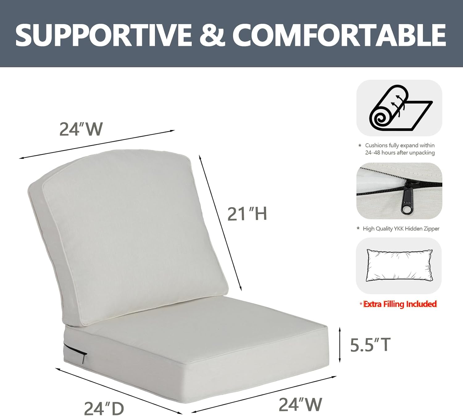 Goodgoods 24 x 24 Outdoor Patio Deep Seat Cushions 2-Pack, 1000+ Hours Fade-Resistant & Water-Resistant Outdoor Furniture Chair Cushions with 30D High-Resilience Foam for Sofa Chair, Almond