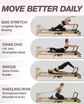 Foldable Pilates Reformer Machine - 91 in Easy Assembly with Included Sitting Box, Jumpboard, and Accessories - Wooden Foldable Reformer Pilates Machine for Home Workout or Professional Studio