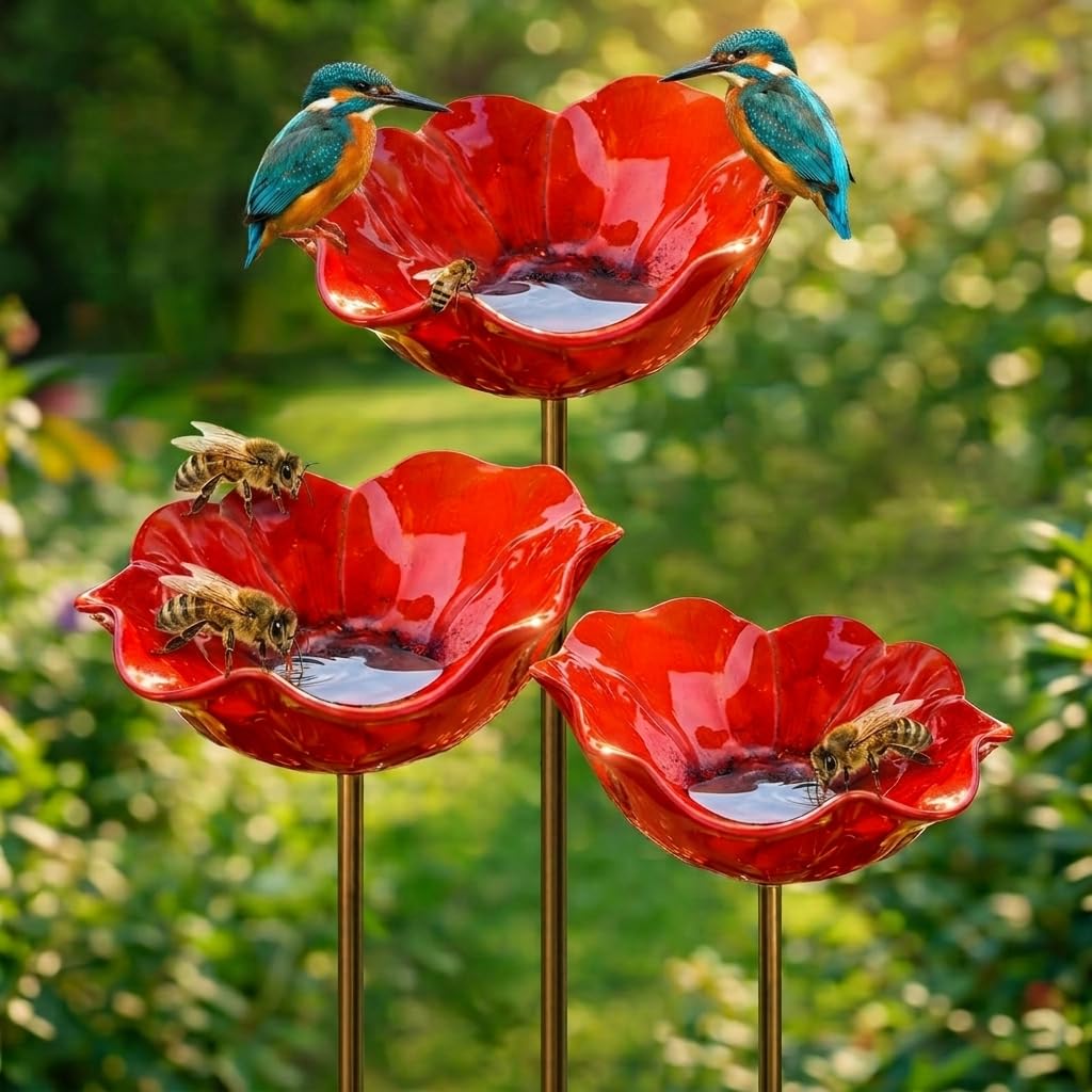 3 Pack Handmade Metal Flower Garden Stake Bird Bath,Colourful Butterfly & Bee Water Feeder,Decorative Metal Flowers Ornament,Outdoor Yard Lawn Patio Birdbath