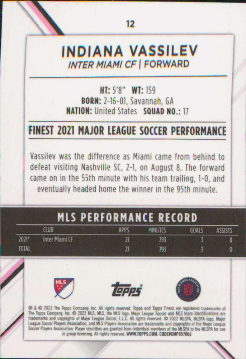 2022 Topps Finest MLS #12 Indiana Vassilev Inter Miami CF Rookie Soccer Card - GotBaseballCards