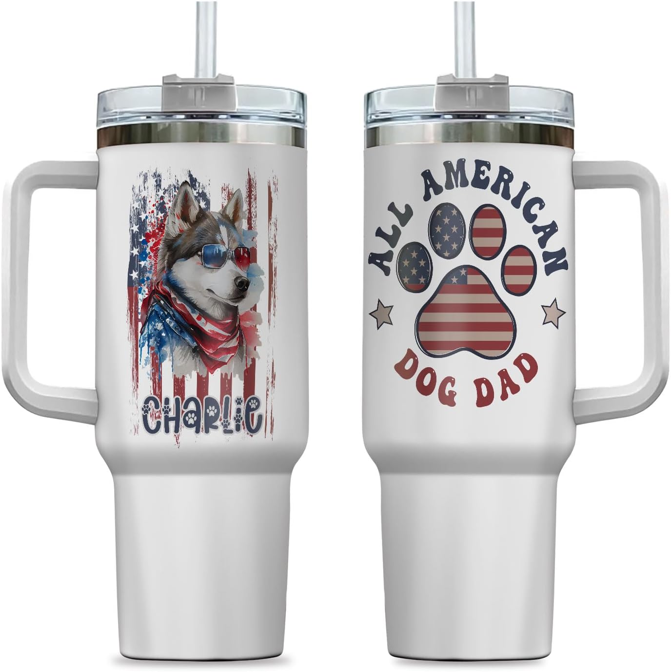 American Siberian Husky Dog Dad 4th of July Patriotic US Flag Insulated Tumbler Customized Name Tumbler Personalized With Lid Engraved 40oz with Lid