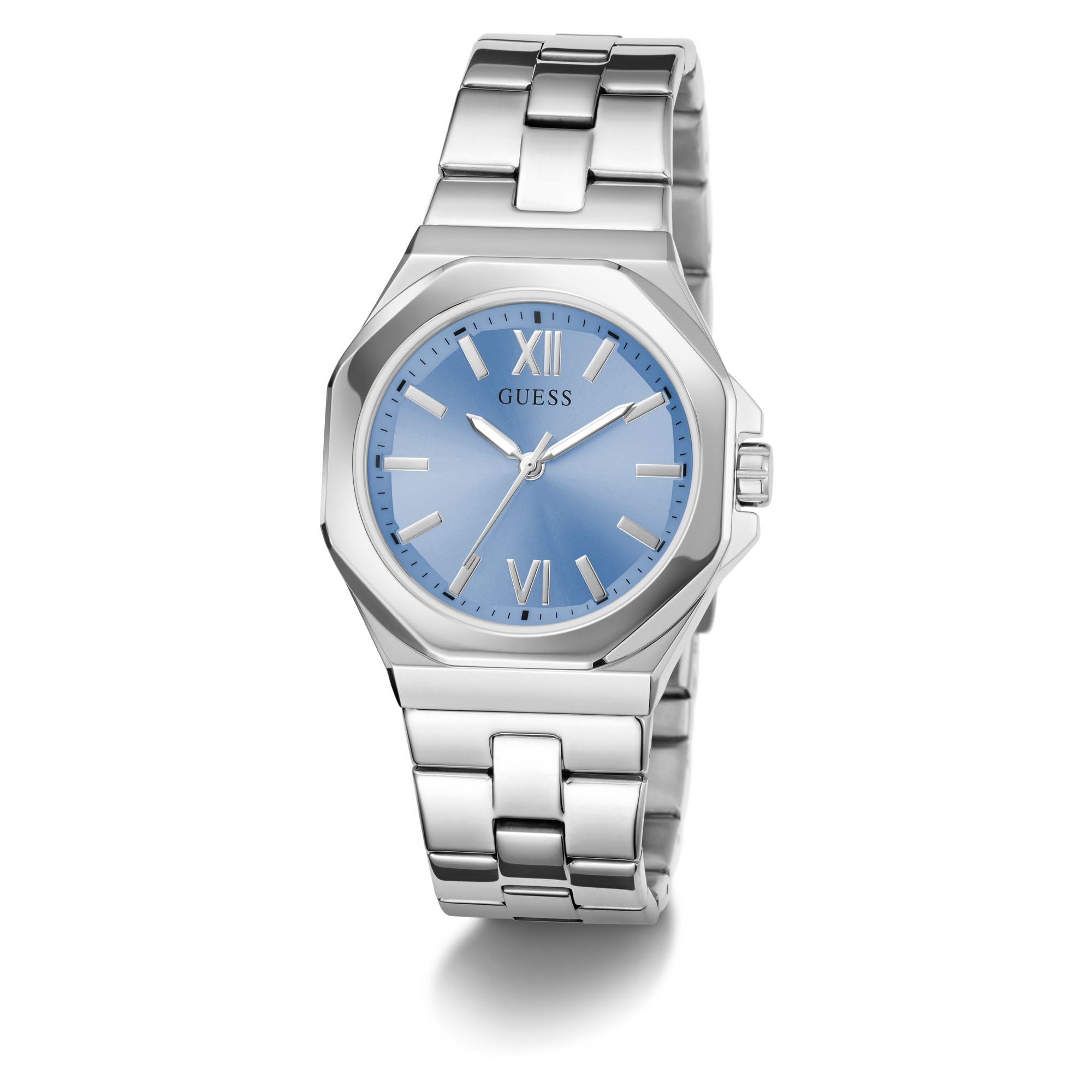 GUESS Damski zegarek na rękę Empress, srebrna bransoletka ze stali nierdzewnej, szkło mineralne, niebieska tarcza, 5 bar, średnica koperty: 34 mm, GW0873L1