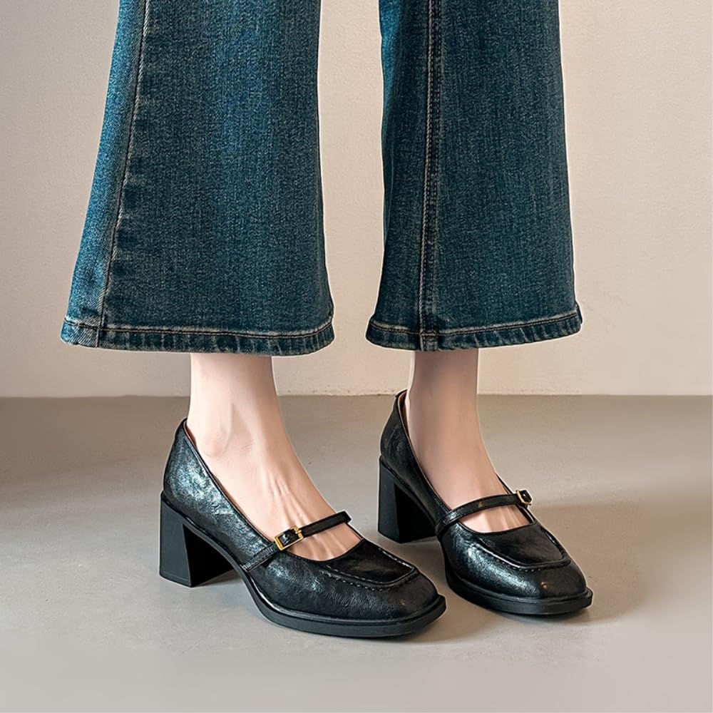 LVJMJ Mary Jane - Scarpe da donna in pelle con tacco grosso e punta quadrata, stile retrò, da ufficio, lavoro, comode, traspiranti, tacco basso da 4,5 cm