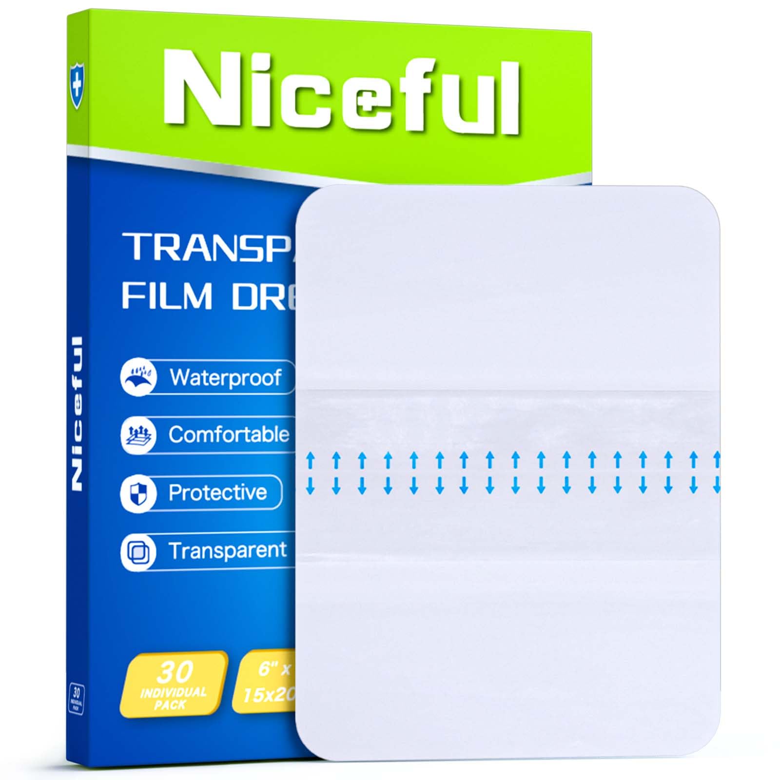 Niceful Transparent Film Dressing 30 Count-Clear Bandages for Wounds 6" x 8", Waterproof Adhesive Wound Cover Bandages for Post Surgical Shower or IV
