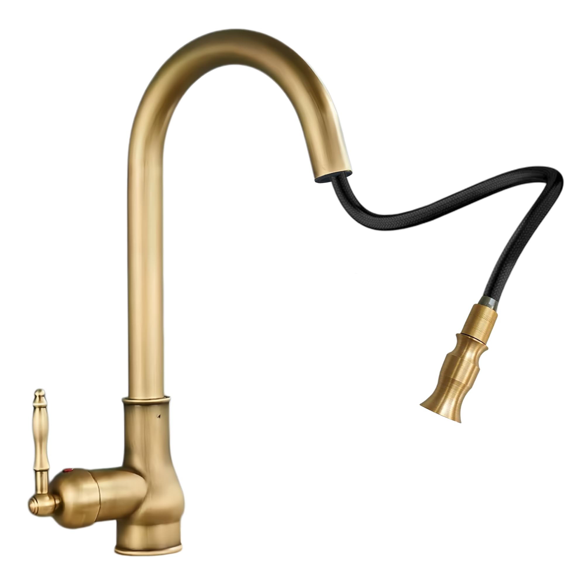 Grifo de Cocina de Latón Antiguo Extraíble, Giratorio 360° Mezclador de Fregadero Retro con Arco Alto Estilo Vintage