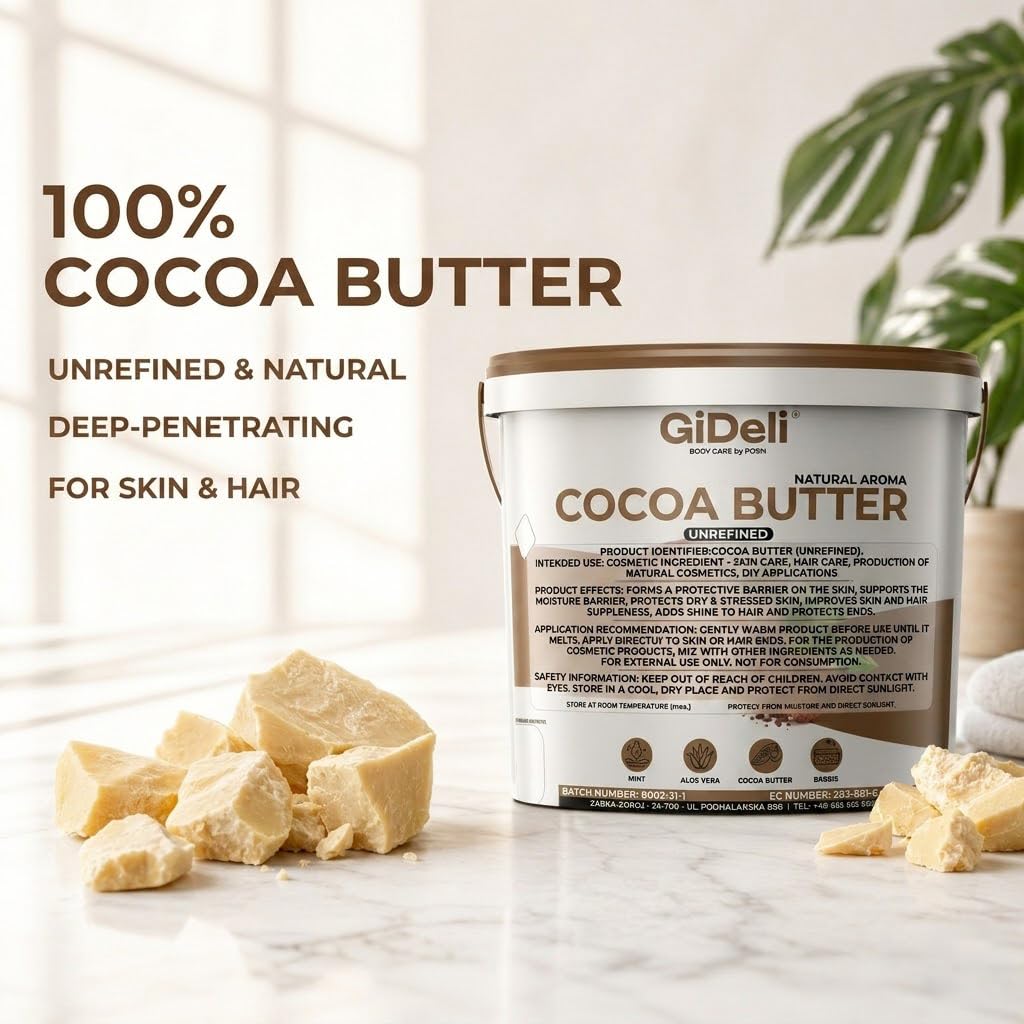 GiDeli Burro di cacao 1 kg in secchio – Grasso di cacao idratante e rigenerante per pelle e capelli