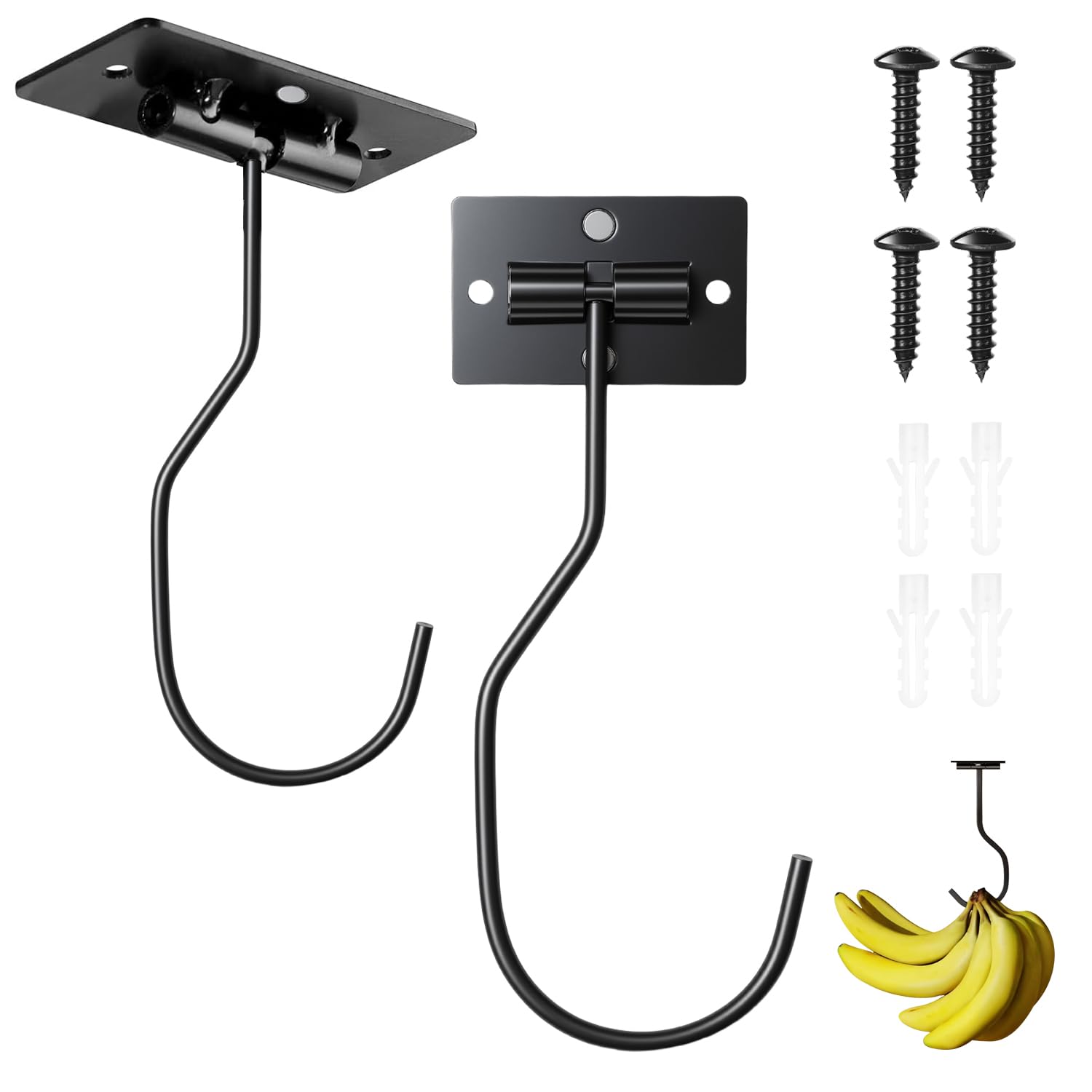Acooruiteng Banana Hook Under Cabinet Self Adhesive Folding Banana Hanger Metal Banana Holder Banana Hangers with Screws to Keep Bananas Fresh Black 2 Pack
