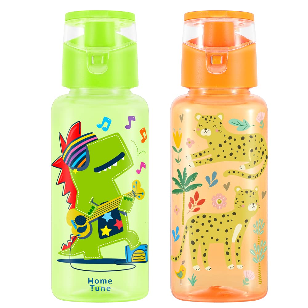 Photo 1 of 13oz Kids Water Drinking Bottle - BPA Free, Wide Mouth, Chug Lid, Easy Open, Lightweight, Leak-Proof Water Bottle with Cute Design for Girls & Boys - 2 Pack (Dinosaur/Leopard)