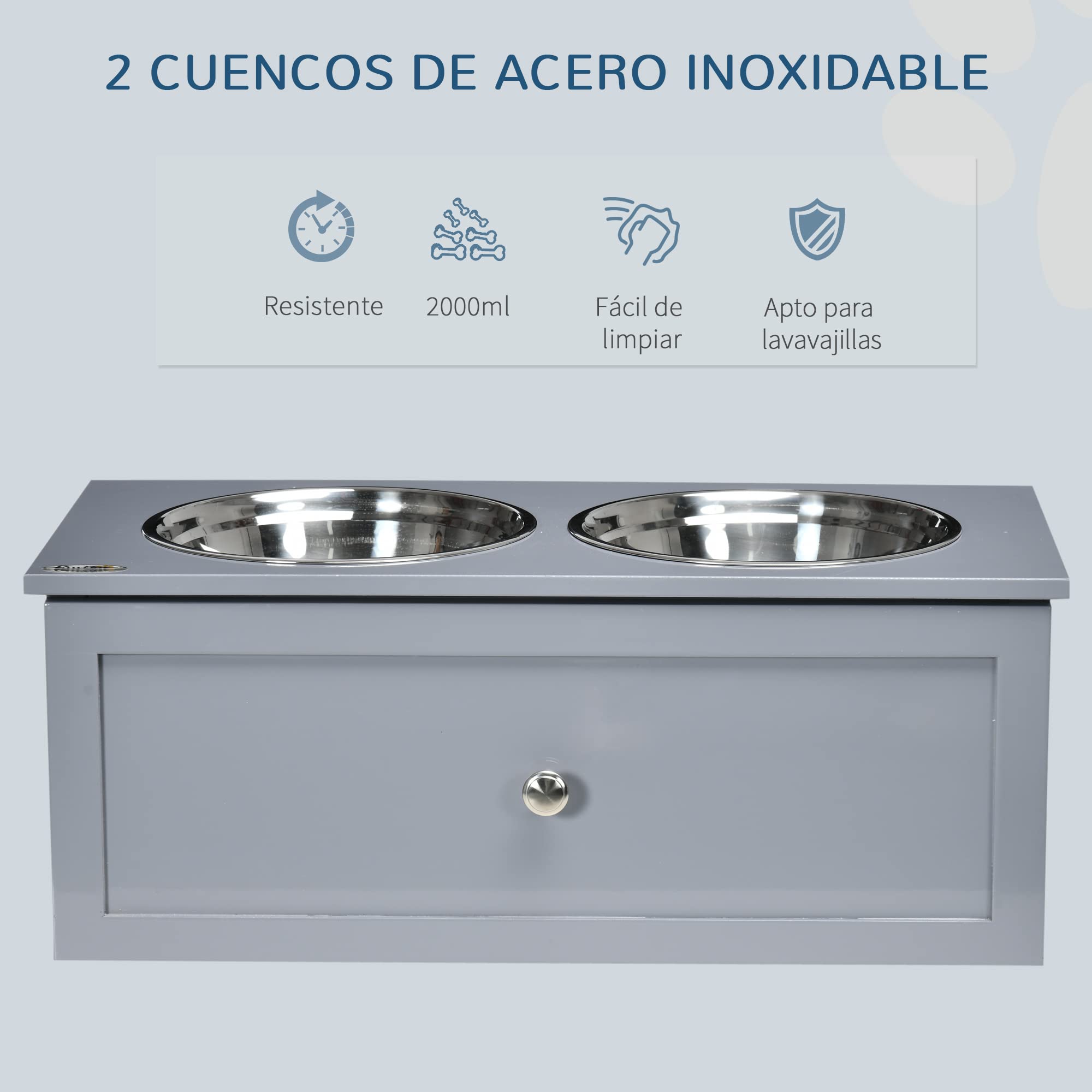 PawHut Comedero Elevado para Perros Medianos con 2 Cuencos de 2000 ml de Acero Inoxidable Comedero Alto para Perros con 1 Cajón 63x30x24 cm Gris